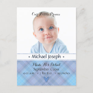 Prince Baby Blue Boy Plaid Faire-part de naissance