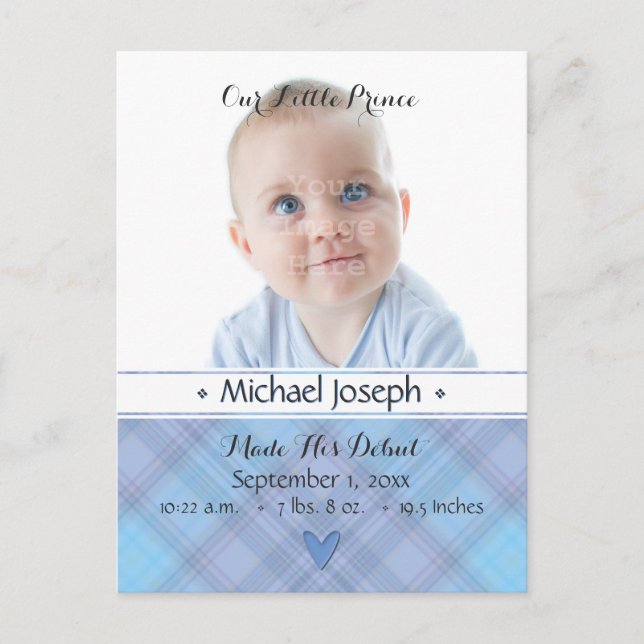 Prince Baby Blue Boy Plaid Faire-part de naissance (Devant)
