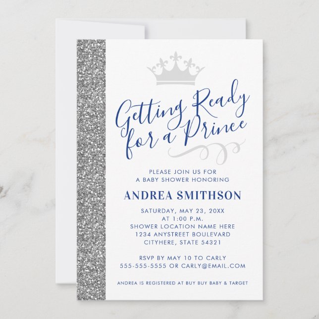 Prince Baby Boy Shower Invitation Argent moderne (Devant)