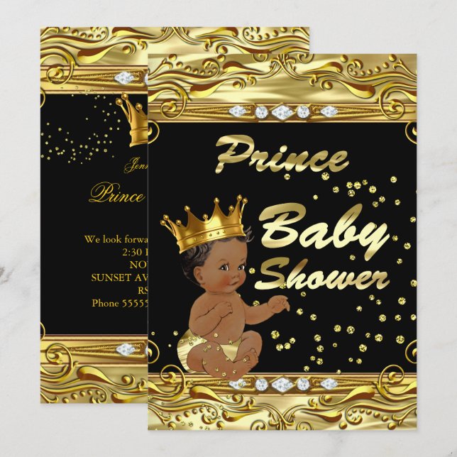Prince Baby Dusche Black Gold Sprinkle Ethnic Einladung (Vorne/Hinten)
