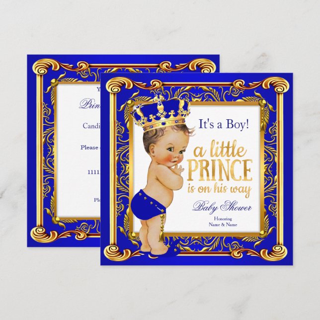 Prince Baby Dusche Damask Blue Gold Brünett Einladung (Vorne/Hinten)