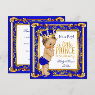 Prince Baby Dusche Damask Blue Gold Brünett Einladung