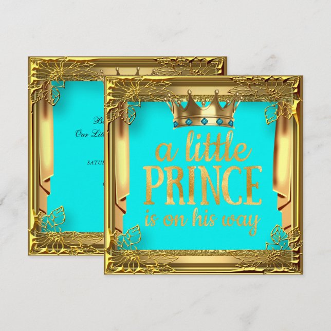 Prince Baby Dusche Türkis Aquamarin Blue Einladung (Vorne/Hinten)