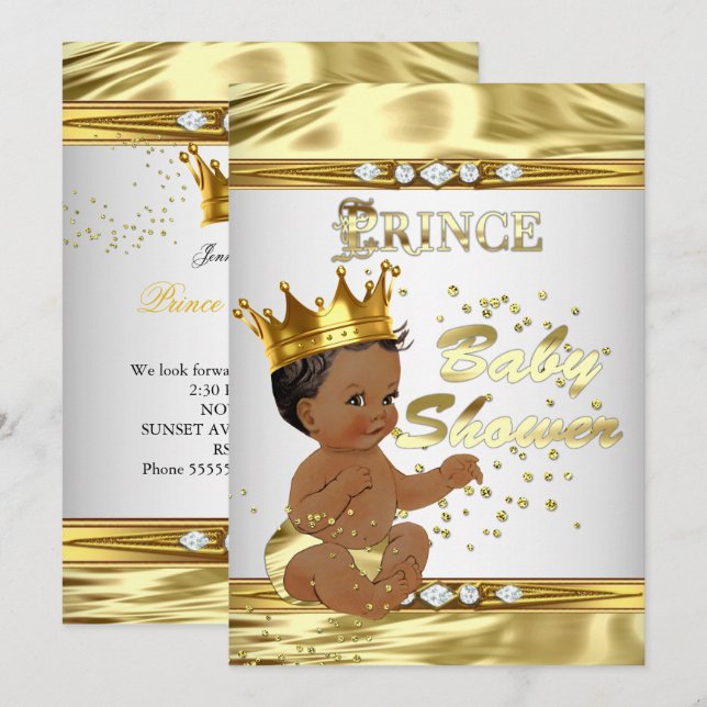 Prince Baby Dusche White Gold Foil Ethnic Einladung (Vorne/Hinten)