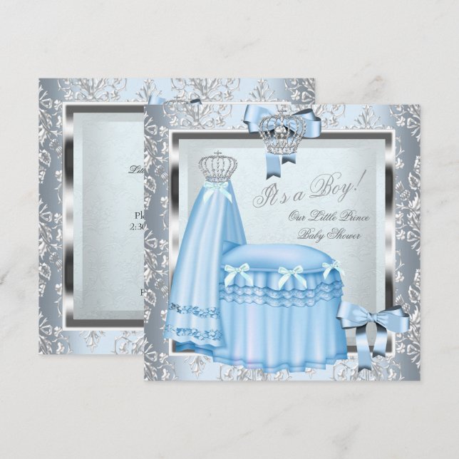Prince Baby Shower Baby Boy Blue Damask Crown 4F Einladung (Vorne/Hinten)