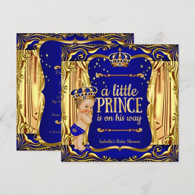 Prince Baby Shower Blue Gold Blonde Einladung (Vorne/Hinten)