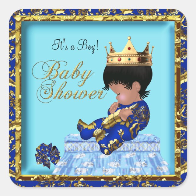 Prince Baby Shower Blue Gold Boy Quadratischer Aufkleber (Vorderseite)