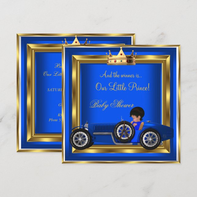 Prince Baby Shower Blue Gold Boy Racing Car Einladung (Vorne/Hinten)