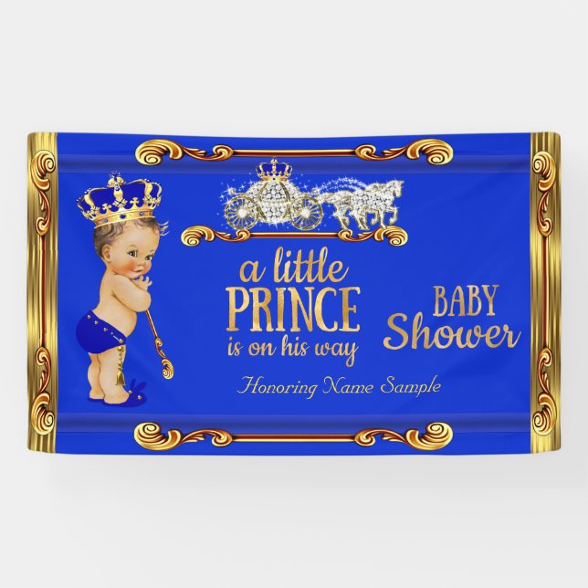 Prince Baby Shower Blue Gold Carriage Brünett Boy Banner (Horizontal)