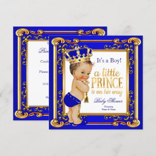 Prince Baby Shower Blue Gold Crown Brünett Boy Einladung
