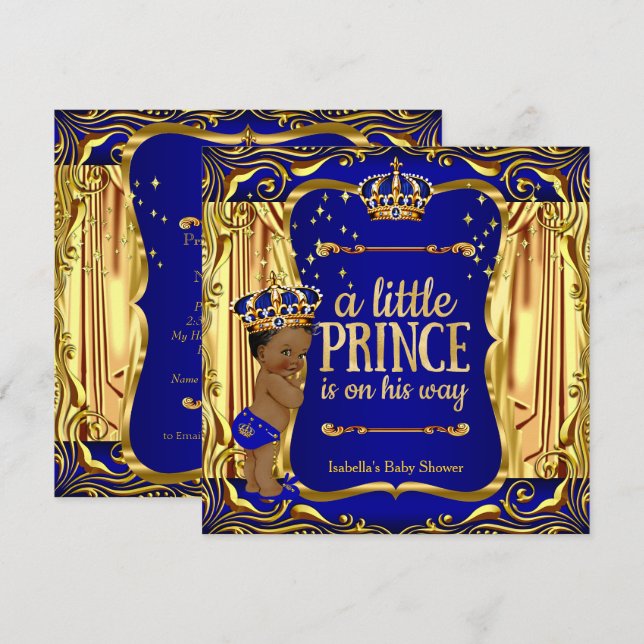 Prince Baby Shower Blue Gold Ethnic Boy Einladung (Vorne/Hinten)