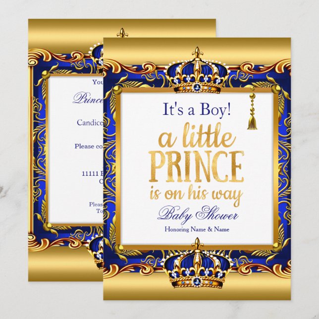 Prince Baby Shower Blue Verziert Gold Boy Einladung (Vorne/Hinten)