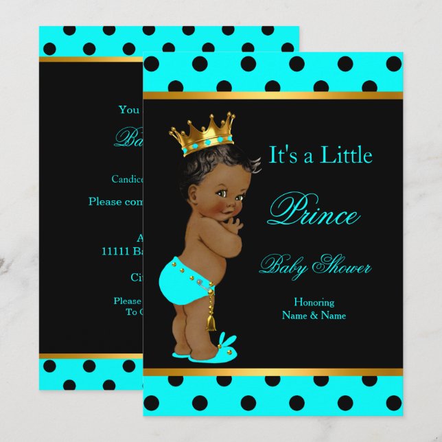 Prince Baby Shower Boy Aquamarin Black Ethnic Einladung (Vorne/Hinten)