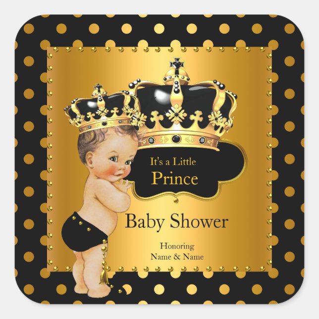 Prince Baby Shower Boy Black Gold Brünett Quadratischer Aufkleber (Vorderseite)