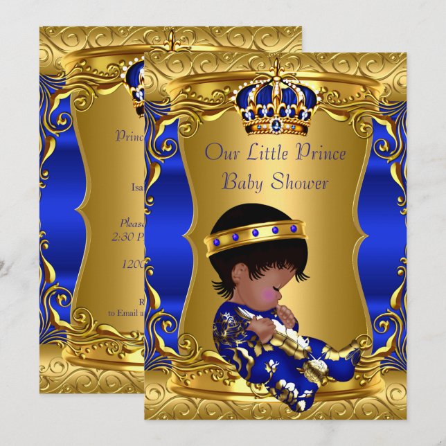 Prince Baby Shower Boy Blue Gold African American Einladung (Vorne/Hinten)