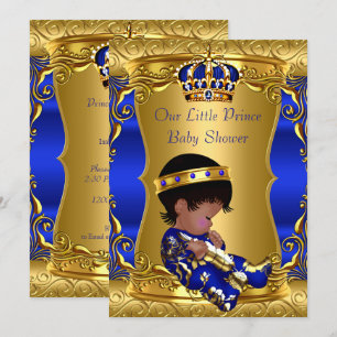 Prince Baby Shower Boy Blue Gold African American Einladung
