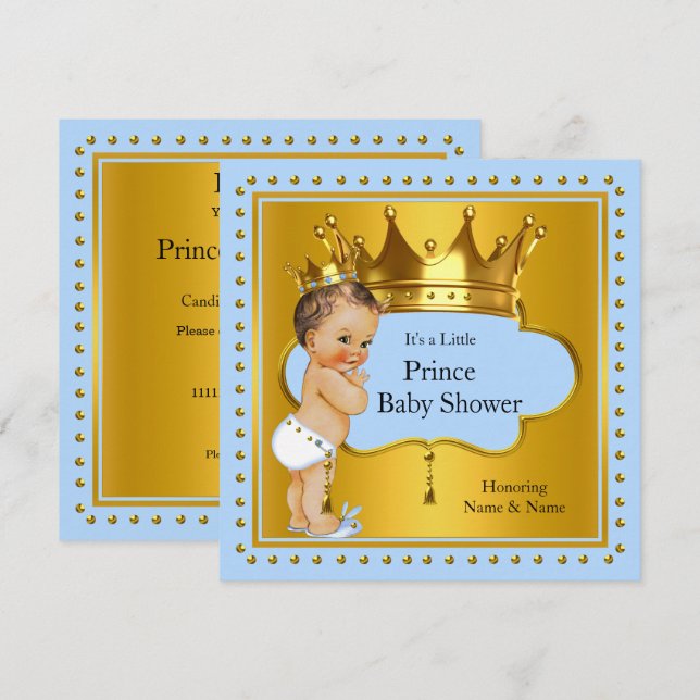 Prince Baby Shower Boy Blue Gold Crown Brünett Einladung (Vorne/Hinten)