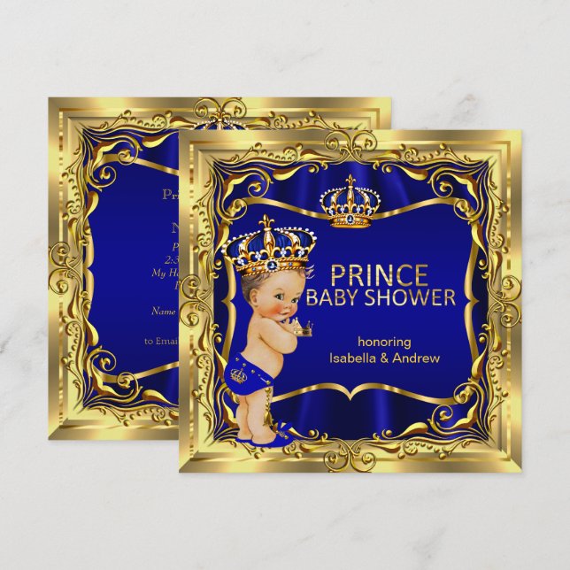 Prince Baby shower Boy Blue Gold Invitation (Devant / Derrière)