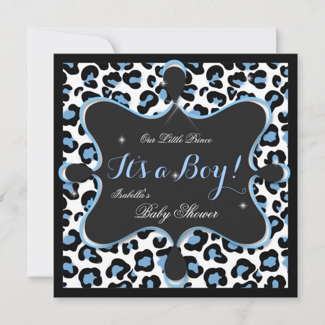 Prince Baby Shower Boy Blue White Leopard 2s Einladung (Vorderseite)