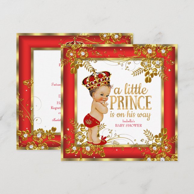 Prince Baby Shower Boy Red Gold White Brünett Einladung (Vorne/Hinten)