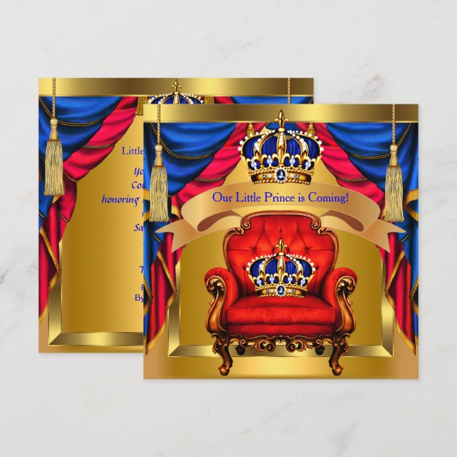 Prince Baby Shower Boy Royal Blue Red Gold Einladung (Vorne/Hinten)