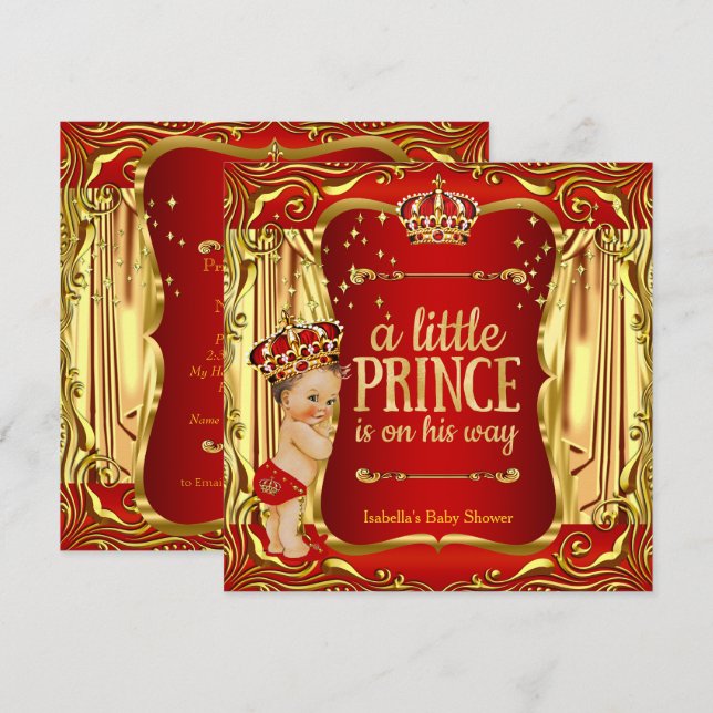 Prince Baby Shower Red Gold Boy Brünett Einladung (Vorne/Hinten)