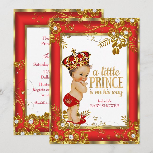 Prince Baby Shower Red Gold White Brünett Boy Einladung (Vorne/Hinten)
