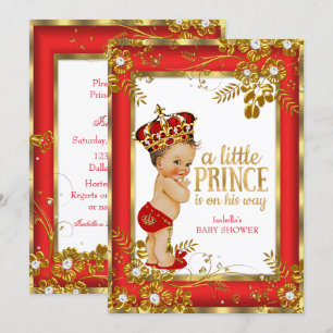 Prince Baby Shower Red Gold White Brünett Boy Einladung