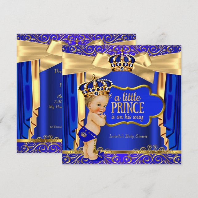 Prince Baby Shower Royal Blue Gold Drapes Blonde Einladung (Vorne/Hinten)