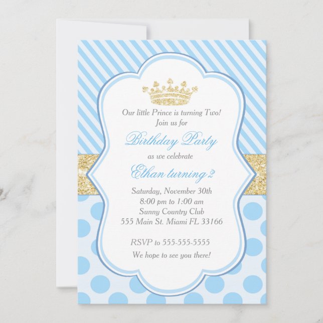 Prince Birthday Party Einladung Blue Gold Glitzer (Vorderseite)