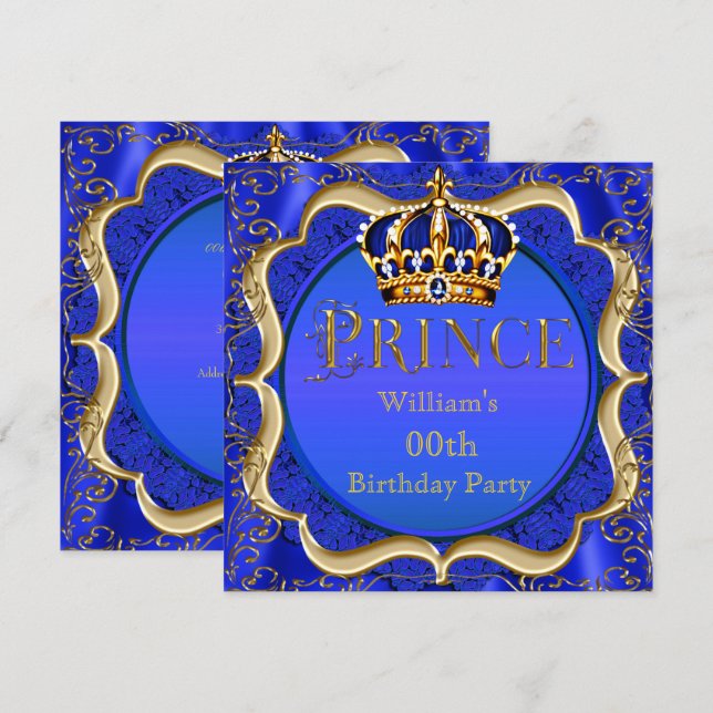 Prince Birthday Royal Blue Gold Crown Mens Einladung (Vorne/Hinten)