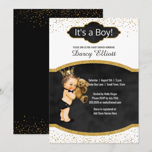 Prince Boy Baby Dusche | Black Imitats Gold Glitze Einladung (Vorne/Hinten)