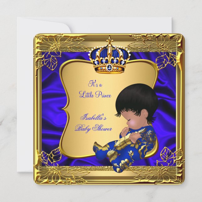 Prince Boy Baby Dusche Blue African American Gold Einladung (Vorderseite)