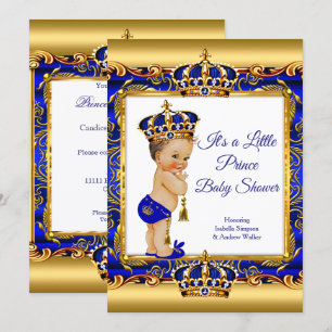 Prince Boy Baby Dusche Blue Verziert Gold Brünett Einladung