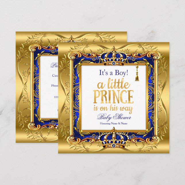 Prince Boy Baby Dusche Blue Verziert Gold Einladung (Vorne/Hinten)