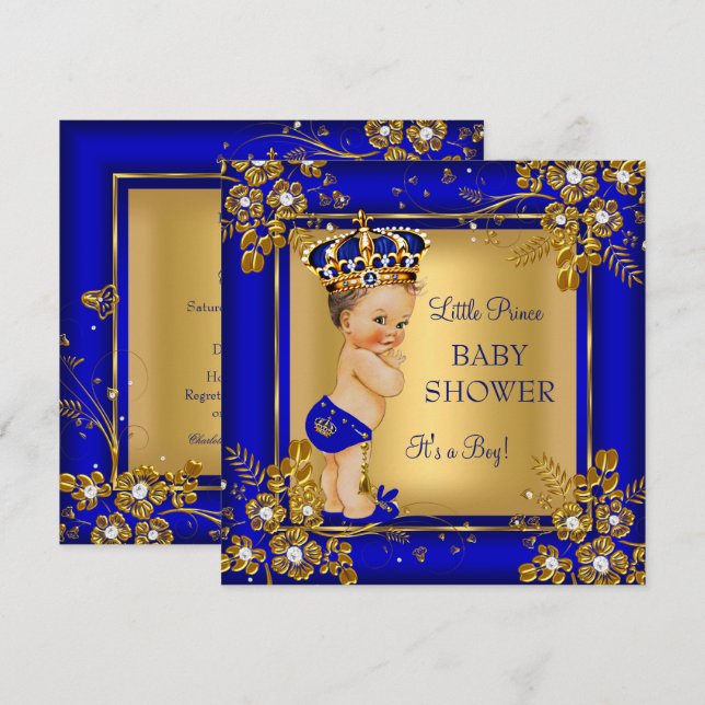 Prince Boy Baby Dusche Gold Blue Brünett Einladung (Vorne/Hinten)