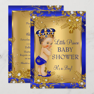 Prince Boy Baby Dusche Gold Blue Floral Brünett Einladung