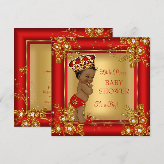 Prince Boy Baby Dusche Gold Red African American Einladung (Vorne/Hinten)