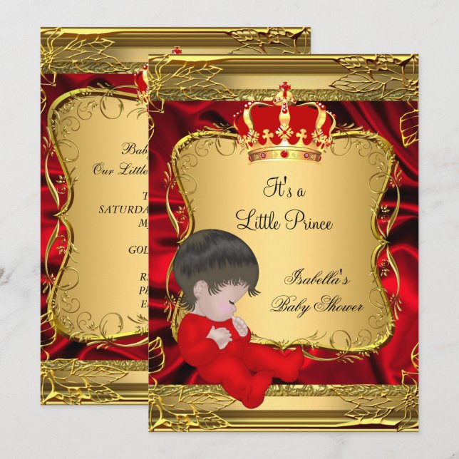 Prince Boy Baby Dusche Red Verziert Gold Einladung (Vorne/Hinten)