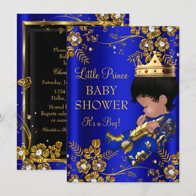 Prince Boy Baby shower Blue Gold Invitation (Devant / Derrière)