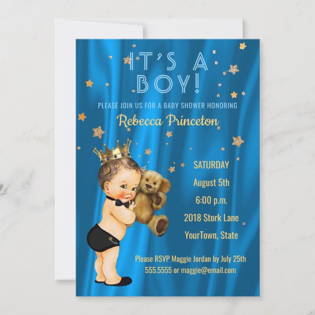 Prince Boy Baby Shower Einladung Blue Gold Stars (Vorderseite)