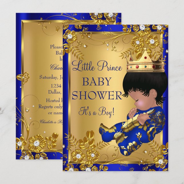 Prince Boy Baby Shower Gold & Blue Einladung (Vorne/Hinten)