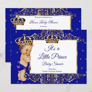 Prince Boy Baby Shower Royal Blue Gold Brünett 2 Einladung