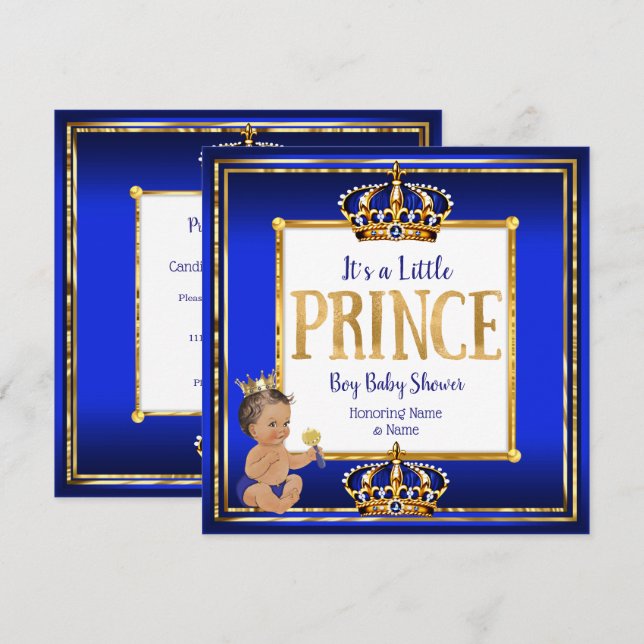 Prince Boy Baby Shower Royal Blue Gold Brünett DK Einladung (Vorne/Hinten)