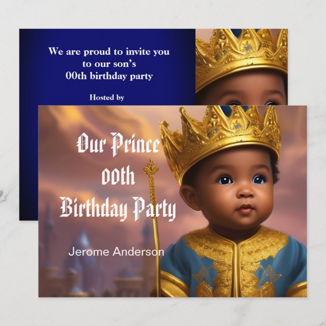 Prince Boy Birthday Blue Gold African American 2 Einladung (Vorne/Hinten)