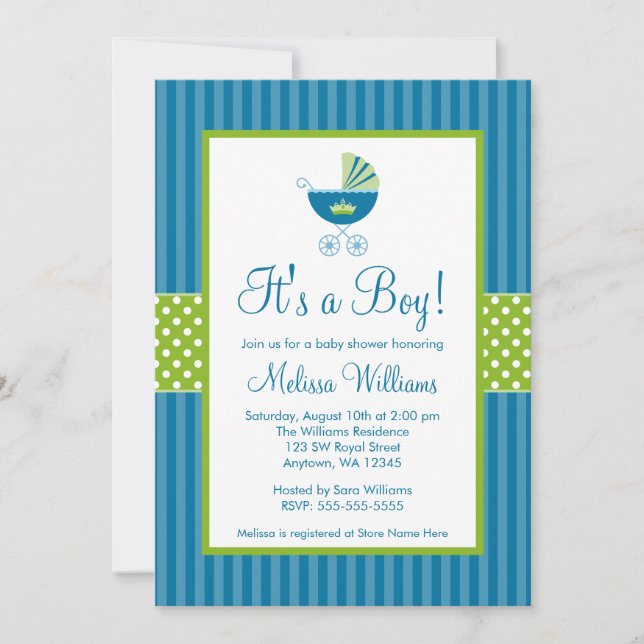 Prince Carriage Blue Green Stripes Baby Dusche Einladung (Vorderseite)