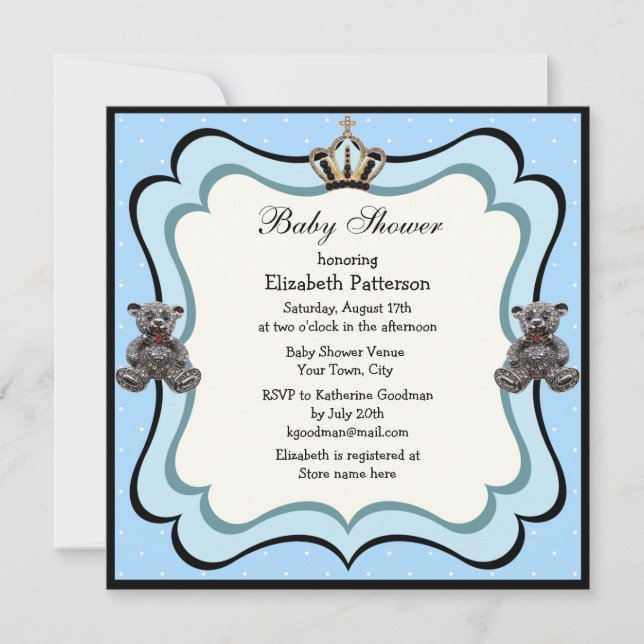 Prince Crown & Teddy Bear Jewels Boy Baby Dusche Einladung (Vorderseite)