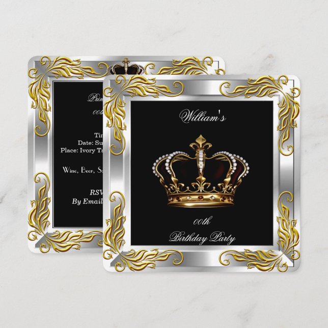 Prince King Men Black Silver Birthday Party Einladung (Vorne/Hinten)