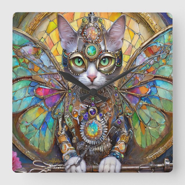 Prince Kitty Cat of the Butterfly Wing Brigade Quadratische Wanduhr (Vorderseite)