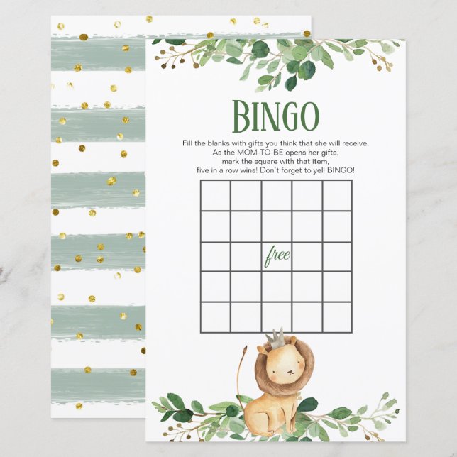 Prince Lion Greenery Baby Shower Bingo Games (Vorne/Hinten)